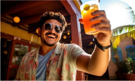 un homme en terrasse d'un bar heureux un jus de fruit à la main