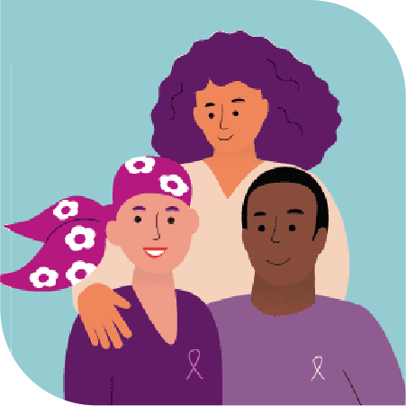 Illustration d'une femme atteint du cancer et soutenu par deux personnes