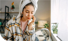 Une femme sortant de la douche se passe de la crème sur le visage
