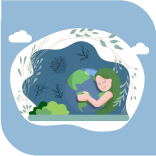 illustration d'une femme souriante qui enlace une mapmonde, beaucoup de plante autour