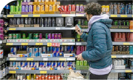 Un homme avec une boisson énergisante dans la main dans un rayon de supermarché