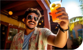 un homme en terrasse d'un bar heureux un jus de fruit à la main
